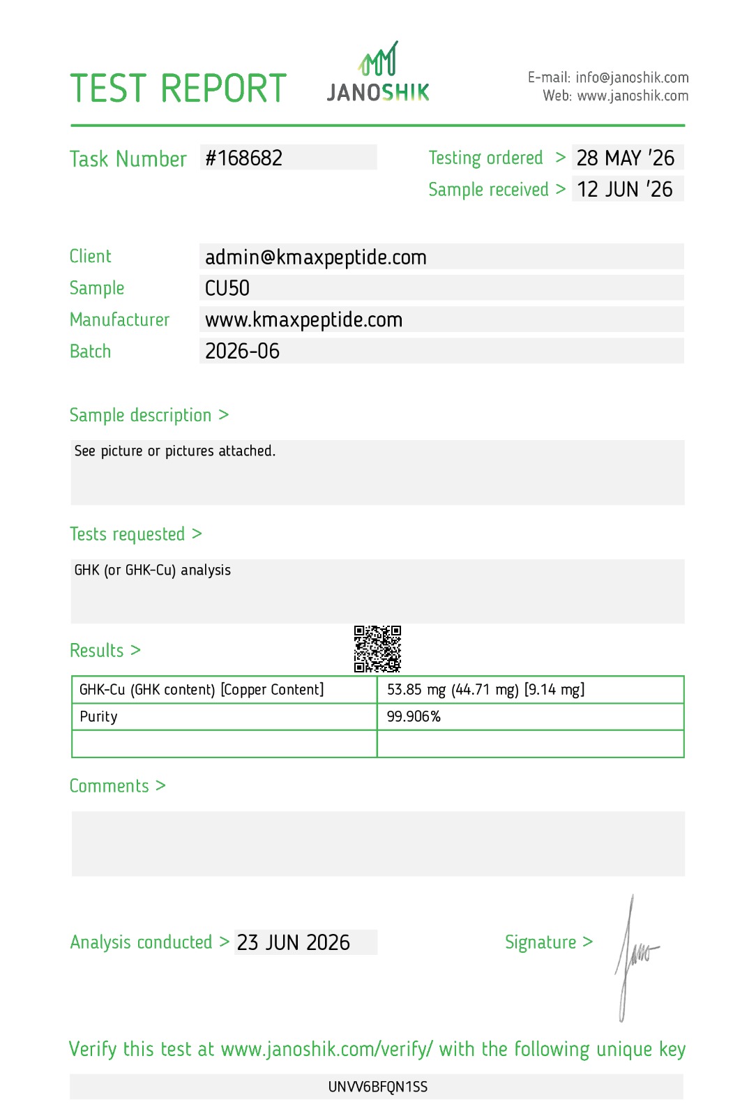 COA test report GHK-Cu 100mg batch 2026-06
