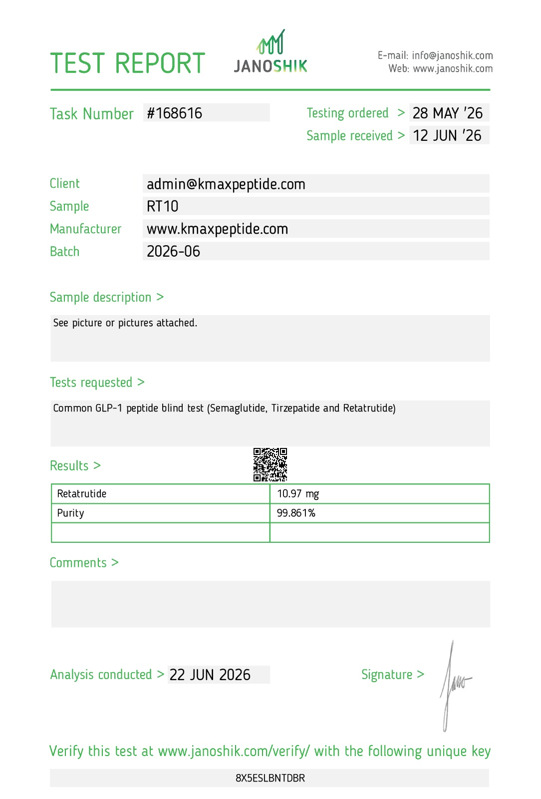 COA test report Retatrutide 10mg batch 2026-06
