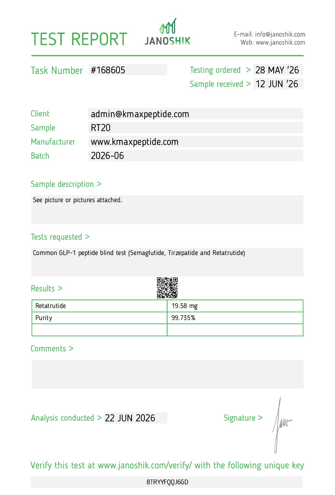 COA test report Retatrutide 20mg batch 2026-06