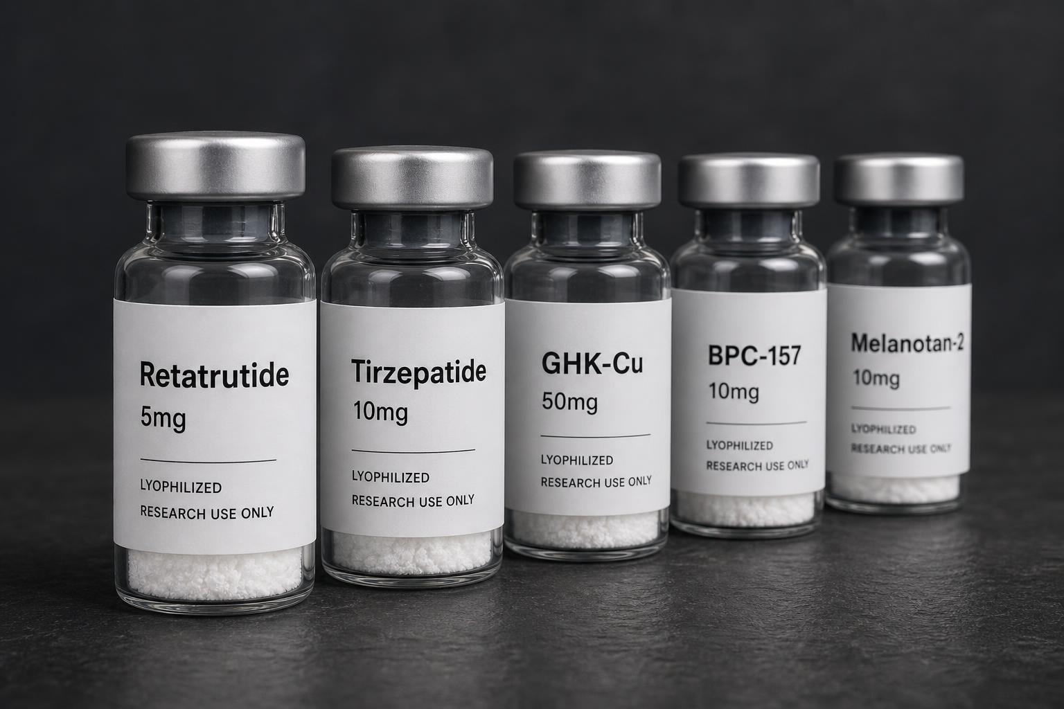 Row of NOVASYNTHICA vials with white lyophilized powder